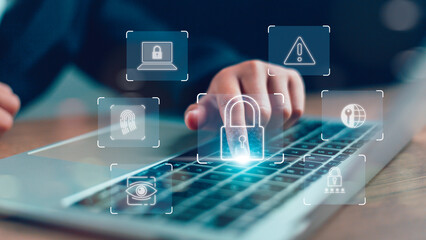 Cyber security and data protection on internet. Person touching virtual shield, secure access,...