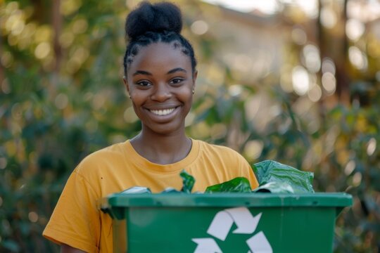 Portrait of a young female smiling volunteer with recycle box