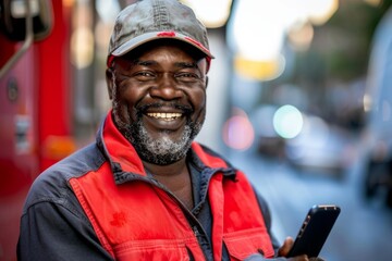 Obraz premium Portrait of a middle aged delivery man using smartphone