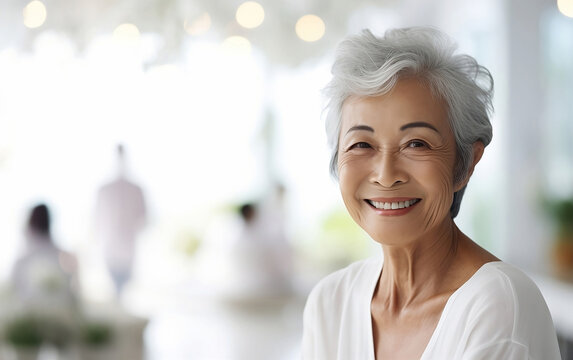 Portrait of a beautiful smiling asian elderly woman against the background of white liwing room