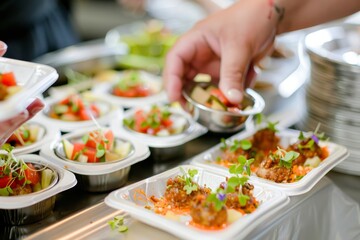 Professional Photography of Caterer Presenting Food Samples to Clients, offering tastings during a catering consultation, Generative AI