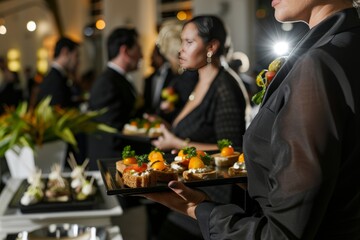  Professional Photography of Caterer Serving Appetizers, waitstaff presenting trays of hors d'oeuvres at a reception, Generative AI