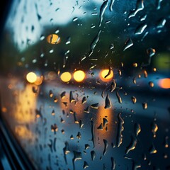 Rain drops on a car windshield while driving