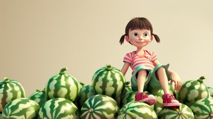 Fototapeta premium Joyful 3D clay style cartoon girl sitting among watermelons, in bright, playful scene