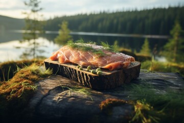 Fresh salmon fillets on wooden board by the lake at sunset
