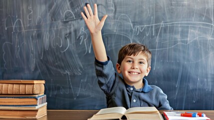 Happy schoolboy sitting at desk with raised hand in front of blackboard, surrounded by books