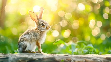 Adorable rabbit sitting calmly on a wooden plank surrounded by a blurred natural background with vibrant colors and a soft bokeh effect  This serene