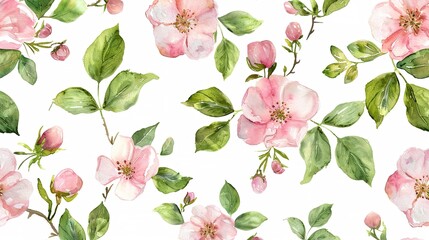 watercolor floral pattern, pink blush flowers elements, green leaves branches on white background 