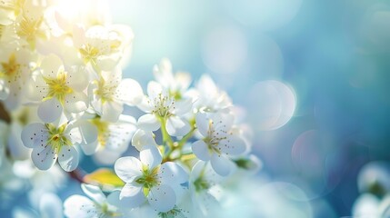 White flowers in springtime with soft focus and blue sky. selected focus, shallow depth of field 