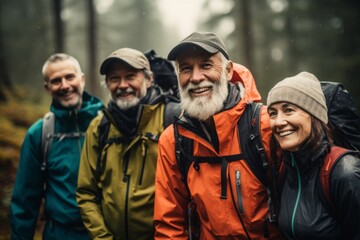 Fototapeta premium Portrait of a smiling group of senior hikers in rain jackets