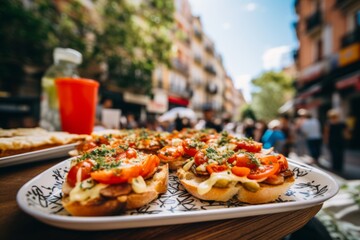 Delicious bruschetta plate set against city backdrop