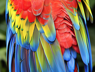 Fototapeta premium Tropical Brilliance: Bright Parrot Feathers Against a Rainforest Canopy