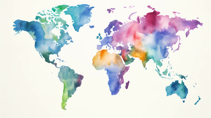 Vibrant and Colorful Watercolor World Map Depicting the Continents in an Artistic and Creative Style