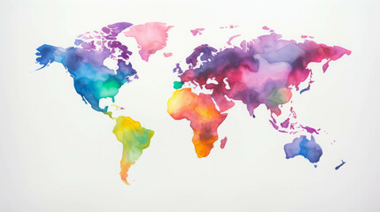 Vibrant and Colorful Watercolor World Map Depicting the Continents in an Artistic and Creative Style