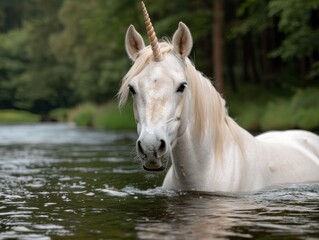 Obraz premium Majestic white unicorn in a serene forest pond