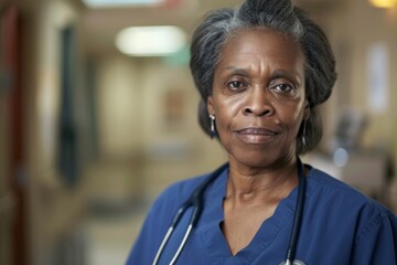 Fototapeta premium Smiling portrait of a middle age nurse in hospital