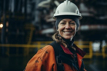 Obraz premium Portrait of a female Caucasian worker on oil platform