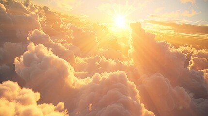 Highly detailed image of a serene cloudscape with sun rays piercing through rain clouds, creating an inspirational and heavenly background