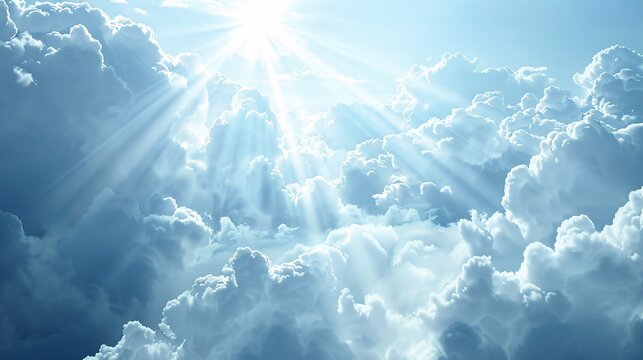 Highly detailed image of a serene cloudscape with sun rays piercing through rain clouds, creating an inspirational and heavenly background