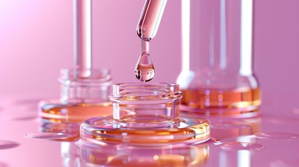 Cosmetic pipette with cosmetic essence oil and liquid drops in medical science laboratory background