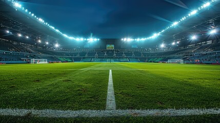 Illuminated Soccer Stadium at Night with Empty Stands and Pristine Green Field
