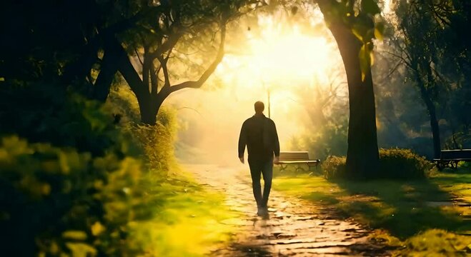A man walks along a deserted beach at sunrise, with the ocean waves gently lapping at the shore. The camera moves parallel to him on a dolly, smoothly tracking his progress along the sandy coastline. 