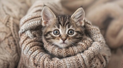 Ultra-sharp photograph of a cute kitten wearing a cozy knitted sweater, looking warm and adorable