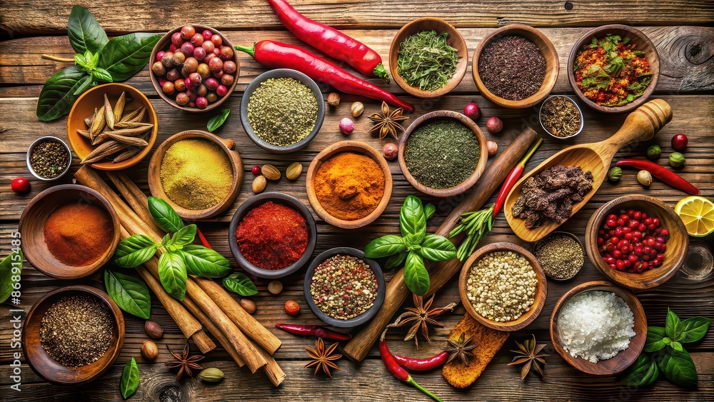 Sticker Assorted spices and herbs on a rustic wooden table, spices, herbs, seasoning, cooking, culinary, flavor, aromatic, ingredient