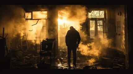 Lone Figure Standing in a Smoke-Filled Ruined Room with Broken Windows and Debris