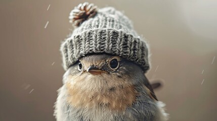 Highly detailed image of a small bird wearing a tiny winter hat, looking cute and warm