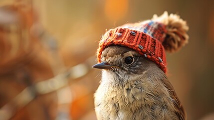 Highly detailed image of a small bird wearing a tiny winter hat, looking cute and warm