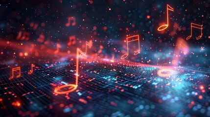 Fototapeta premium Futuristic Music Technology Concept with Digital Sound Notes and Dynamic Light Effects