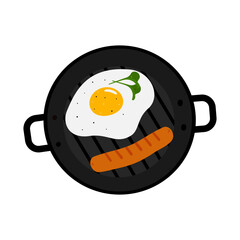 Home breakfast Fried egg with microgreens and spices and sausage in grill pan. Top view Promo idea