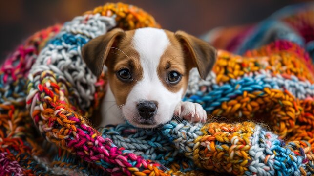 Clear and precise photograph of a cute puppy in a colorful knitted sweater, showcasing its warmth and charm