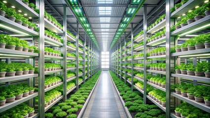 Fototapeta premium Futuristic vertical farming facility with lush greenery , vertical farming, futuristic, agriculture, greenhouse