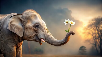 Fototapeta premium Elephant holding a delicate flower in its trunk, elephant, flower, trunk, nature, wildlife, cute, gentle, mammal, large