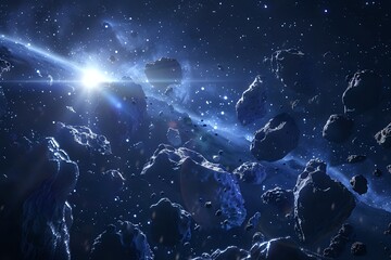 Asteroid field in deep space with bright star. Concept of astronomy, space exploration, cosmic events, and science fiction.