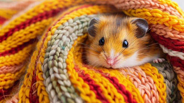 Detailed close-up of a cute hamster snuggled in a warm sweater, appearing cozy and adorable