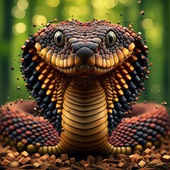 Fototapeta premium a hyper realistic picture of a Cobra that looks normal at the front but falls apart in little cubes