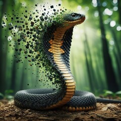 Fototapeta premium a hyper realistic picture of a Cobra that looks normal at the front but falls apart in little cubes