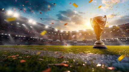 The championship trophy is placed on the green grass in the football field with spotlights and rainbow paper. Football Cup Final, Creative idea, Celebration.