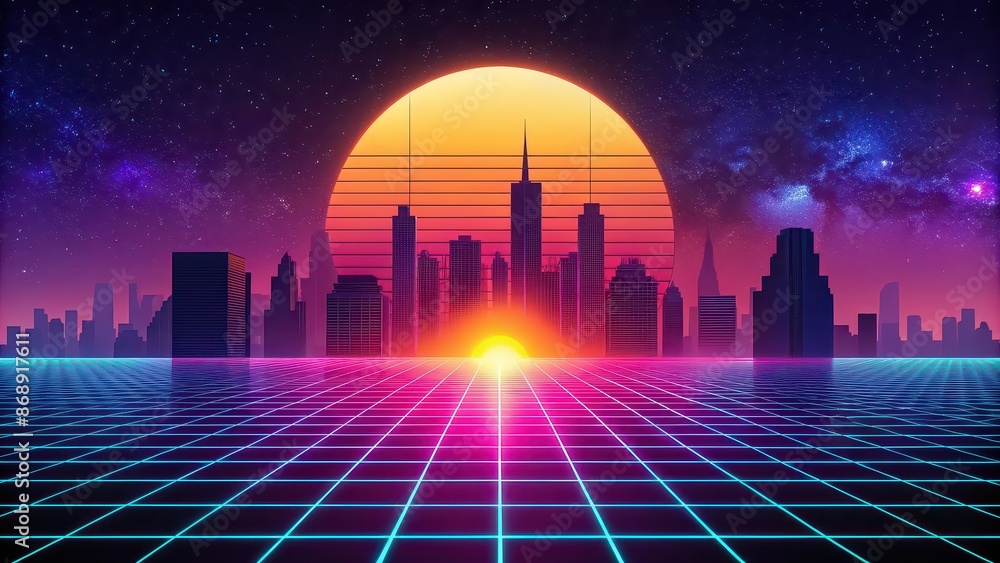 Sticker Synthwave cityscape with a large sun in the background, synthwave, cityscape, retro, futuristic, neon, skyline, urban