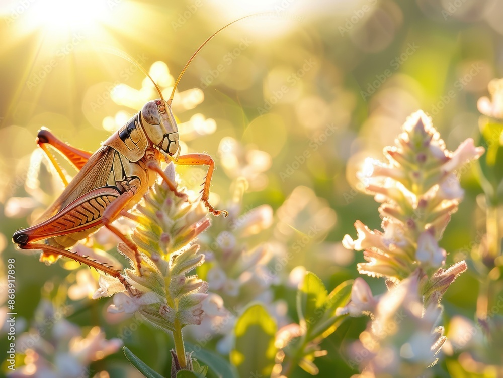 Poster a grasshopper sits on a stalk of wheat in a field. ai.