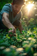 Fototapeta premium A man is foraging for wild plants in the forest. AI.