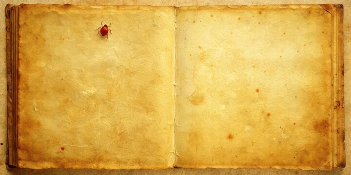 Old yellowed book page with creases, stains, and a small red mite in the middle left of the image , antique, vintage, book