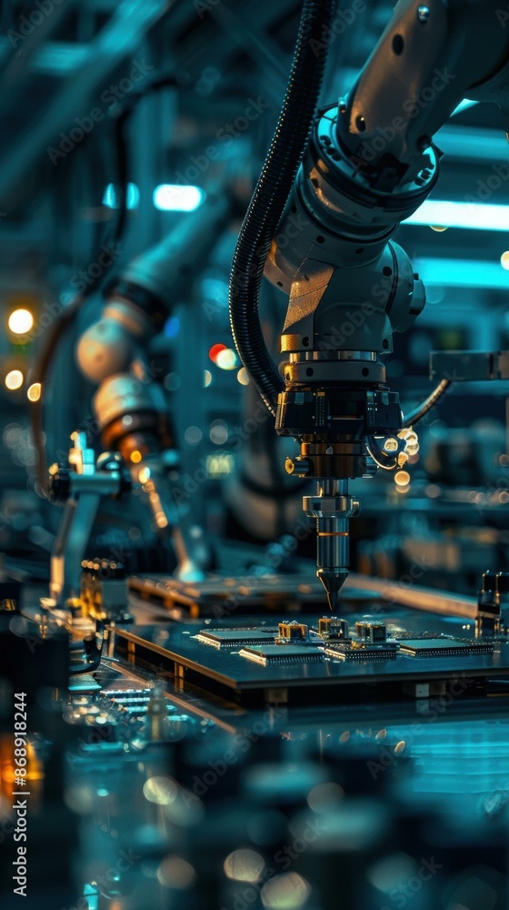 Poster a robotic arm is assembling a circuit board in a factory. ai.