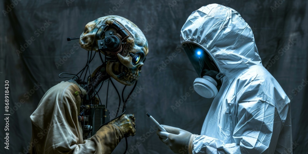Poster a post-apocalyptic scene where a human and a robot are examining a glowing object. ai.