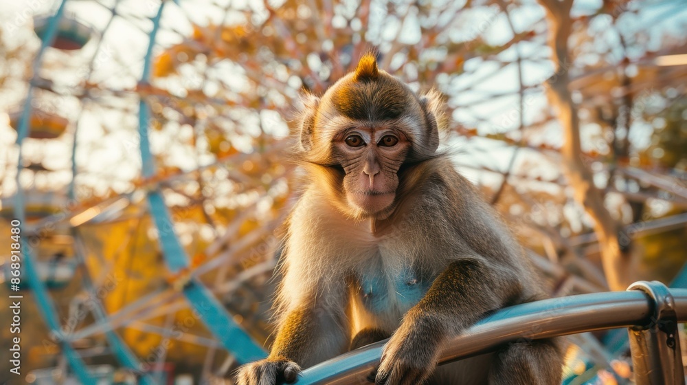 Poster monkey on a railing with an amusement park in the background ai.
