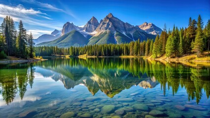 Clear mountain lake reflecting surrounding peaks and trees, nature, landscape, scenic, tranquil, wilderness