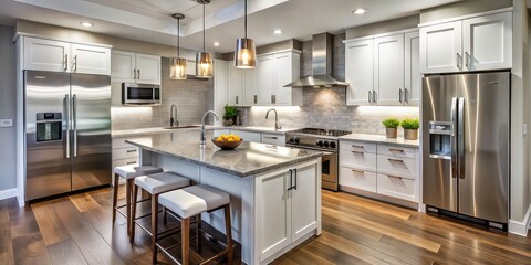 Fototapeta premium Modern kitchen interior with sleek stainless steel appliances, white cabinetry, and granite countertops , modern